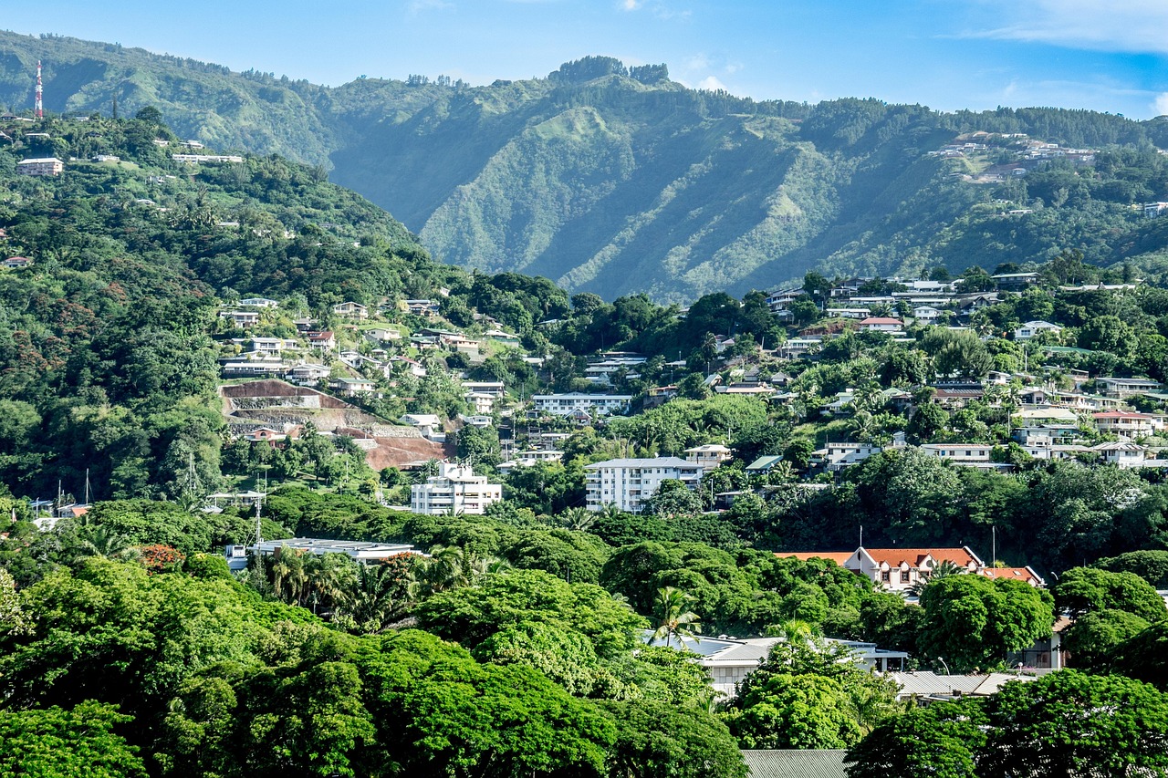Buildings and mountains in Tahiti