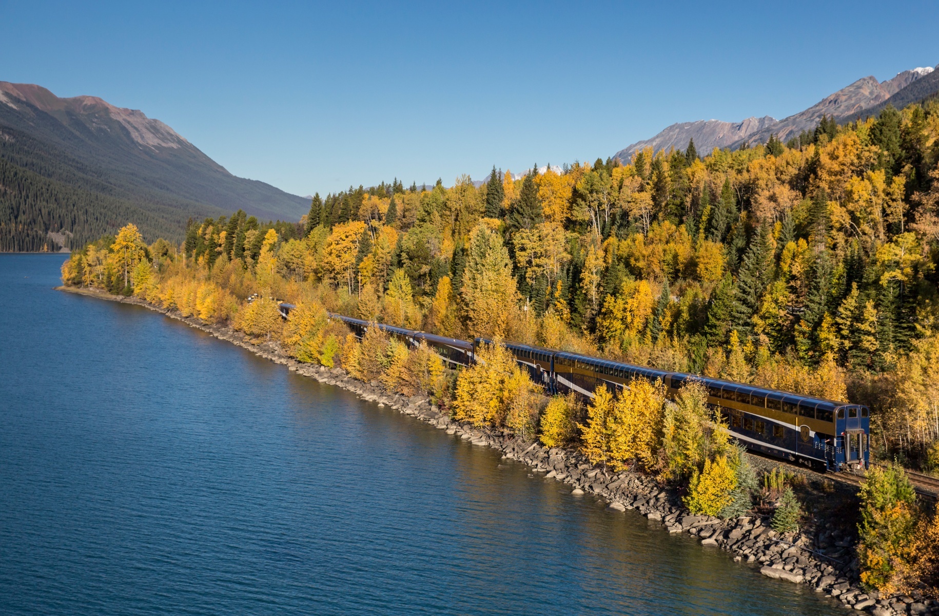 Rocky Mountaineer rail journey across Yellowhead Lake