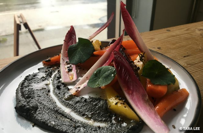 Heirloom carrot and burdock salad with black sesame paste and mushroom crumb